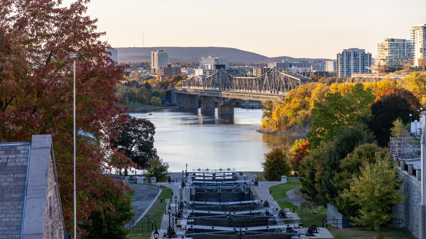 Market Street Bridge in Harrisburg over the Susquehanna River with buildings in the background