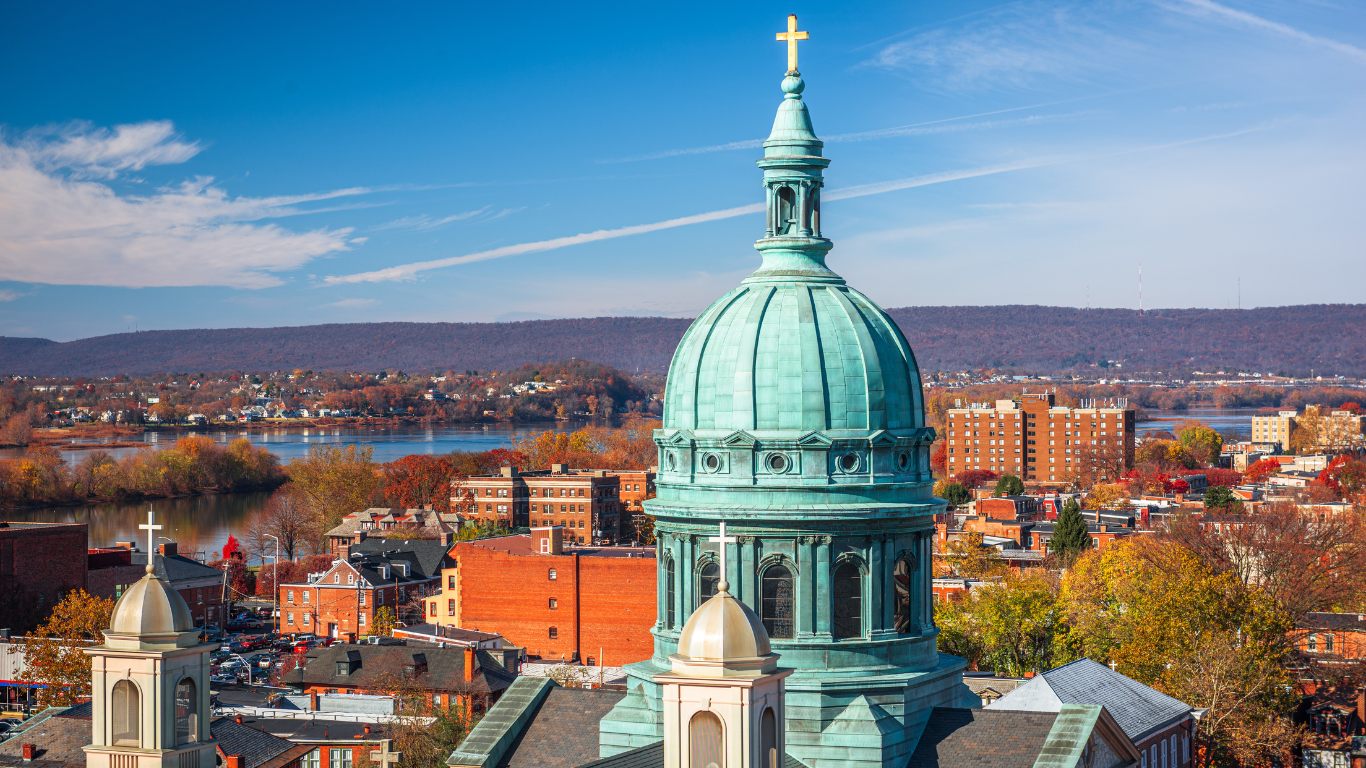 Harrisburg, Pennsylvania, USA cityscape with historic churches.